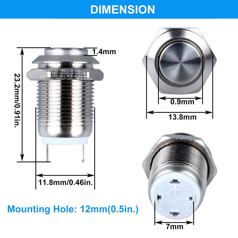DMWD 2-Pack 12mm Momentary Metal Waterproof Push Button Switch Raised Head Plug-in Terminals 1/2" Mounting Hole 12V 24V 36V 110V 250V 2A 1NO - Image 3